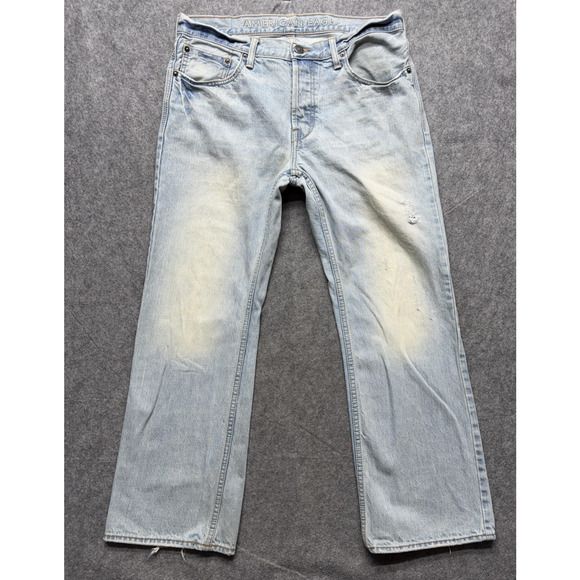 American Eagle Jeans Mens 34x30 Light Wash Straight Leg Distressed Denim Y2K - Picture 2 of 11